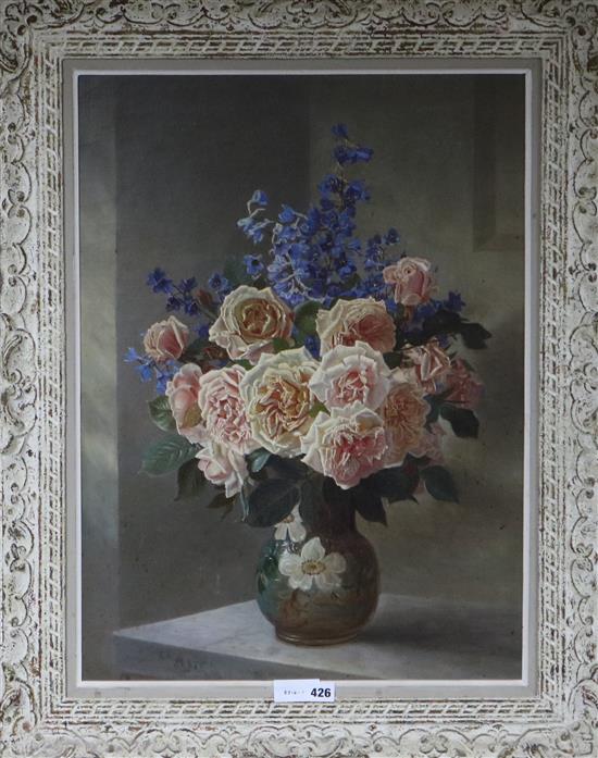 ER 1887, oil on canvas, pink roses and delphiniums in a vase, initialled and dated, 67 x 49cm